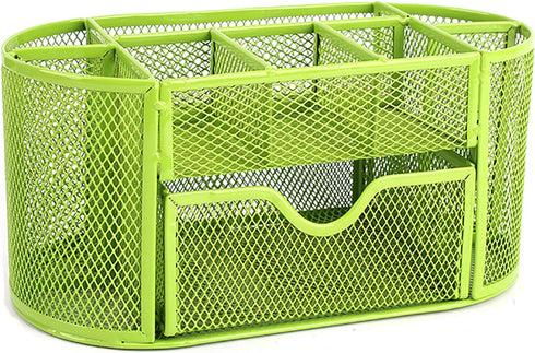 VANRA Metal Mesh Desk Supply Caddy Desktop Office Supplies Organizer Supply Holder 8 Compartments with Drawer (Green)...