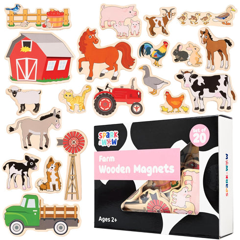 SPARK & WOW Wooden Magnets - Farm - Set of 20 - Magnets for Kids Ages 2+ - Cute Farm Magnets for Fridges, Whiteboards and More......