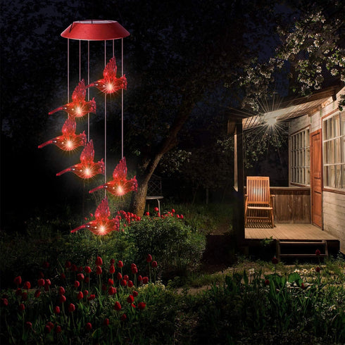 Solar Red Bird Wind Chimes, Color Changing Solar Powered Red Cardinal Bird Wind Chime Wind Moblie LED Light, Mobile Hanging Wind Chimes Portable O...