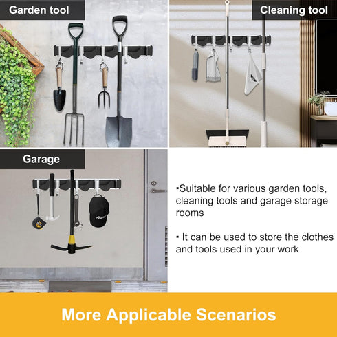 Wall-Mounted Mop and Broom Holder, 4 Positions with 4 Removable Metal Hooks, Kitchen and Garden Tool Organizer, Pantry Storage Hanger for Home Ess...
