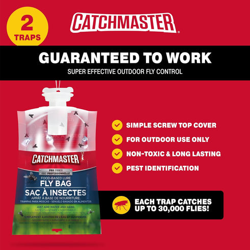 Catchmaster Pro Series Fly Bag 2-Pack, Hanging Fly Trap Outdoor Home, Bug Catcher and Flying Insect Trap with Food Based Lure, Pet Safe Pest Contr...