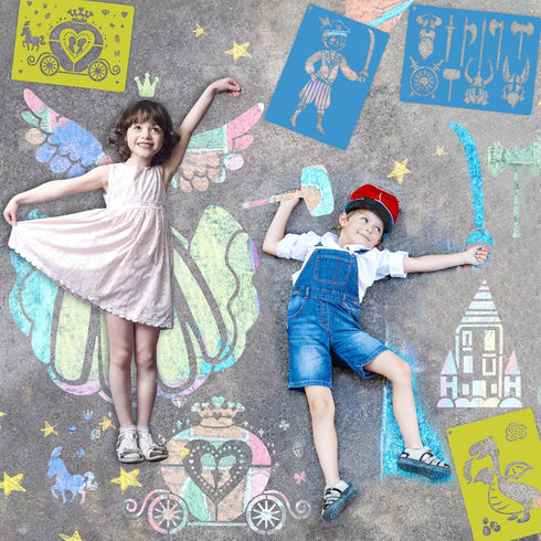 30 Pieces Stencils for Kids with 5 Pcs Scratch Paper, 7 x 9.85 Inch Large Sidewalk Chalk Stencils, Princesses Fairies Themed Primary Shape Stencil...