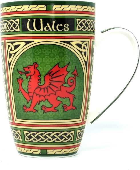Clara Craft Wales Porcelain Coffee Mug - Welsh Red Dragon Porcelain Cup with Irish Celtic Knots Design, Made of New Bone China 400ml/14fl oz...