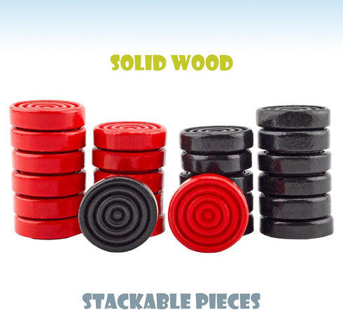 Black & Red Carved Stackable Wooden Checkers (24 Pieces); with Drawstring Cloth Storage Bag...