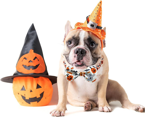 Halloween Dog Collar with Bow Tie, Holiday Pumpkin Jack-O-Lantern Collar for Small Medium Large Dogs Pets Puppies...