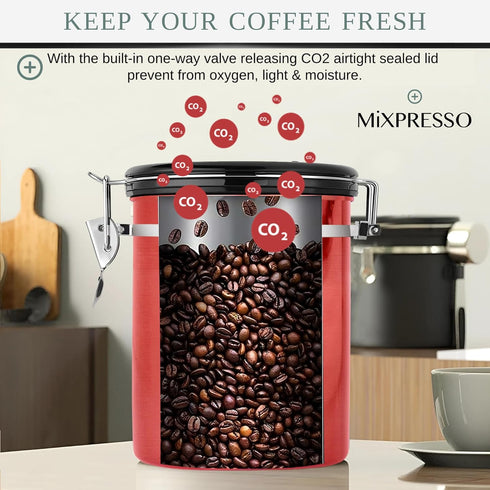 Mixpresso 16 Oz Red Coffee Canister, Stainless Steel Airtight Coffee Container, Air tight Jar Tea Storage with Date Tracker, Vacuum Sealed Espress...