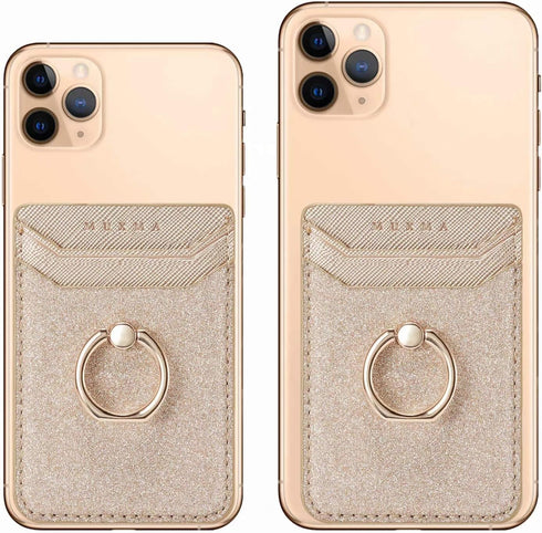 Card Holder Sleeve with Kickstand Ring for Women, 2 Pieces RFID Credit Wallet Glitter Stick On Back Grip for iPhone Samsung Smartphone - Pink + Go...