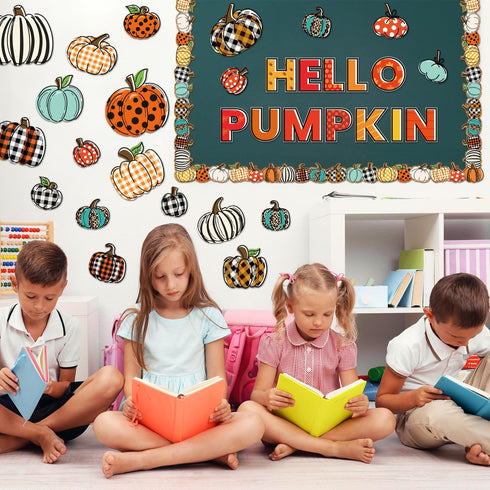 GreenPine 90Pcs Happy Fall Pumpkin Cutouts Thanksgiving Bulletin Board Set with Pumpkin Borders Trim Classroom School Office Wall Decor Themed Par...