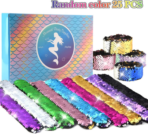 KUUQA 25 Pcs Magic Mermaid Sequin Bracelets Glitter Reversible Sequins Slap Bracelets Wristbands for Kids Little Mermaid Birthday Party Favors Sup...