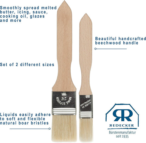 REDECKER Pastry Brushes Set with Untreated Beechwood Handles - 2 Different Sizes - Multi-purpose Brushes - Natural Bristle Basting Brush for Glazi...