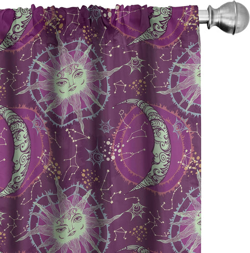 Lunarable Sun and Moon Window Curtains, Celestial Fantasy Composition with Constellations on Purple Backdrop, Lightweight Decor 2-Panel Set with R...