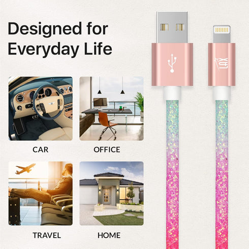 LAX Gadgets USB A to Lightning Cable - Glitter Apple MFI Certified Lightning Cable for iPhone, iPad, iPod - Durable Nylon Braided Fast Charging Ca...