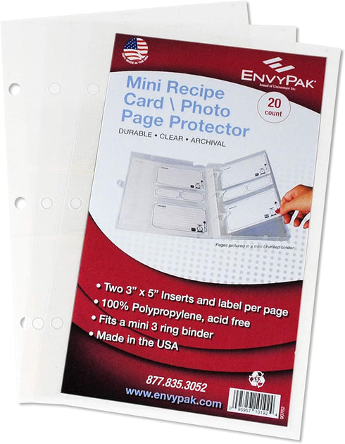 Mini Recipe Card/Photo Page Protector - Holds 3 x 5 Sheet - 3 Hole Punched - Pack of 20...