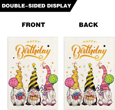 Happy Birthday Garden Flag, Cute Gnome Birthday Celebration Yard Flag, 12.5 x 18 Inch Double Sided Cake Balloon Gift Box Gnomes Flag for Yard Pati...