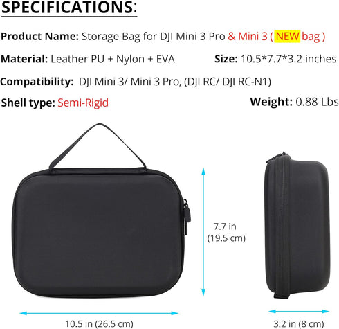 Portable Storage Bag for DJI Mini 3/ Mini 3 Pro (DJI RC/RC-N1 Remote Controller) Waterproof PU Leather Carrying Case for DJI Mini 3/ Mini 3 Pro Dr...