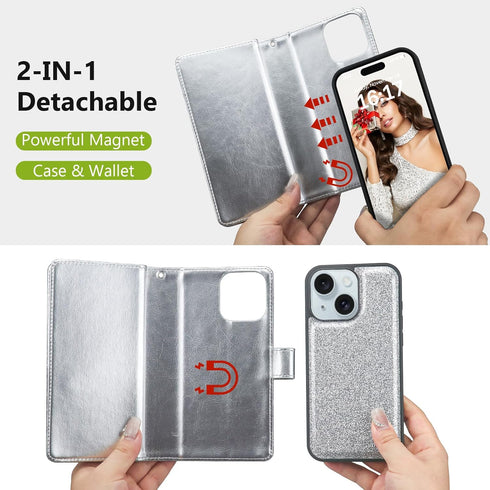 Varikke for iPhone 13 Wallet Case Detachable with Card Holder for Women Girls, Fashion Glitter PU Leather Wrist Strap Strong Magnetic Flip Wallet ...