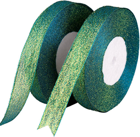 Feyarl Sparkly Green Ribbon 5/8-inch Wide by 50-yards(2 rolls X 25yd) Premium Metallic Glitter Ribbon for Christmas, Crafters, Holiday, Home Deco,...