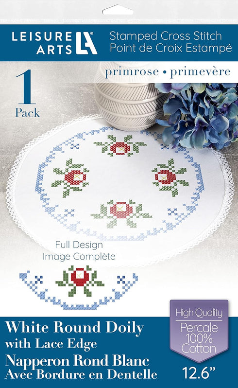 Leisure Arts Doily 12.6" Round Primrose, cross stitch kits, crossstitching kits adult, stamped cross stitch kits, counted cross stitch, hand embro...