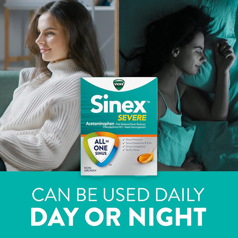 Vicks Sinex SEVERE LiquiCaps, All-In-One Sinus Relief, Non-Drowsy, Nasal Decongestant, Maximum Strength Relief of Sinus Headache, Pain, Pressure, ...