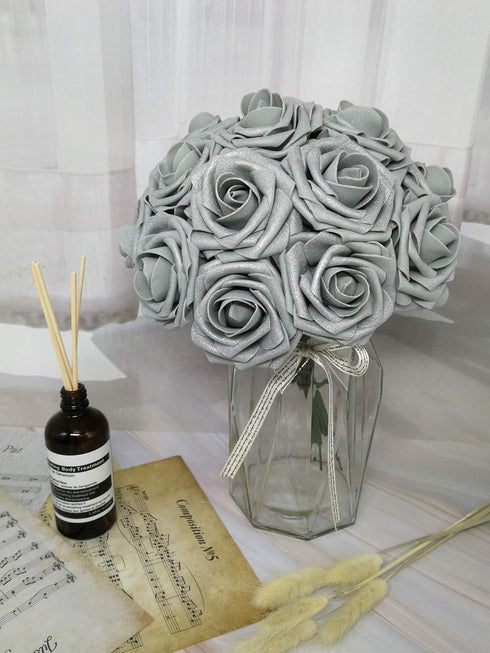 D-Seven Artificial Flowers 30PCS Real Looking Fake Roses with Stem for DIY Wedding Bouquets Centerpieces Party Baby Shower Home Decorations (Silve...