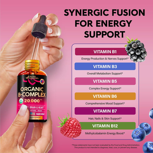 USDA Organic Vitamin B-Complex B5 Pantothenic Acid | B12 Methylcobalamin | B1 Thiamine | B6 Pyridoxine | B7 Biotin | B9 Folic | B3 Niacinamide - B...