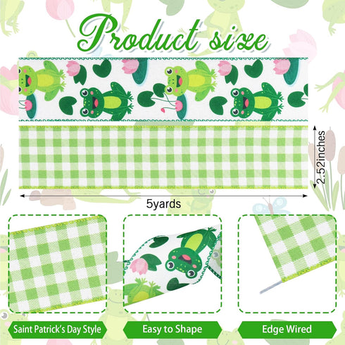 2 Rolls Spring Frog Ribbons Linen Green Plaid Frog Summer Decor Ribbons Cartoon Frog Wired Ribbons for Baby Shower Birthday Party Gift Wrapping Ho...