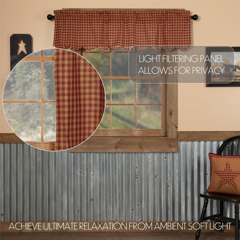VHC Brands Check Cotton Primitive Kitchen Curtains Rod Pocket 16x60 Valance, Burgundy Red...