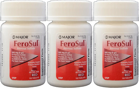 Ferrous Sulfate FC 325mg (5GR) Generic for Feosol Red Tablets 100 Tablets per Bottle 3 Pack Total 300 Tablets...