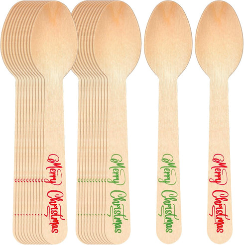 100 Pack Christmas Disposable Wooden Spoons Merry Christmas Pattern Spoons Candy Cane Merry Christmas Wooden Tasting Spoons for Cake Hot Chocolate...