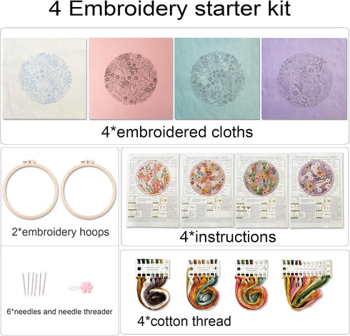Silentsea Flower Embroidery Kit, Including 4 Sets of Patterned Embroidery Cloth, 2 Rings, Needles,Embroidery Thread, Instructions and Other Tools,...