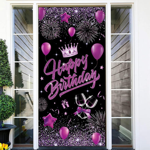 Purple Happy Birthday Door Banner Black Party Decorations for Women Girls Large Cover Backdrop Supplies Background Poster Photo Booth...