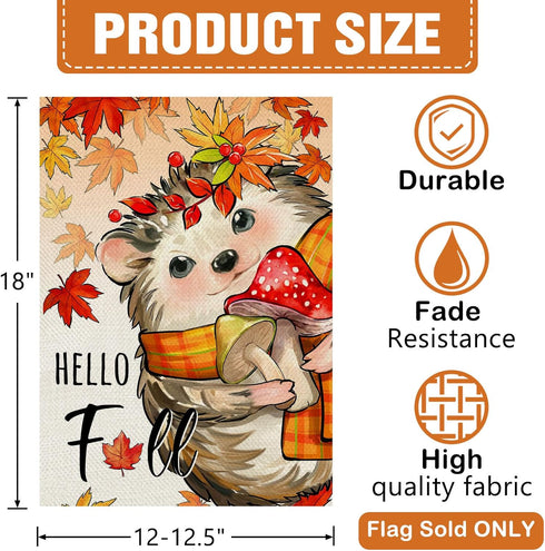 Hello Fall Hedgehog Decorative Garden Flag, Autumn Maple Leaves Mushroom Yard Outside Home Decorations, Seasonal Burlap Outdoor Small Decor Double...