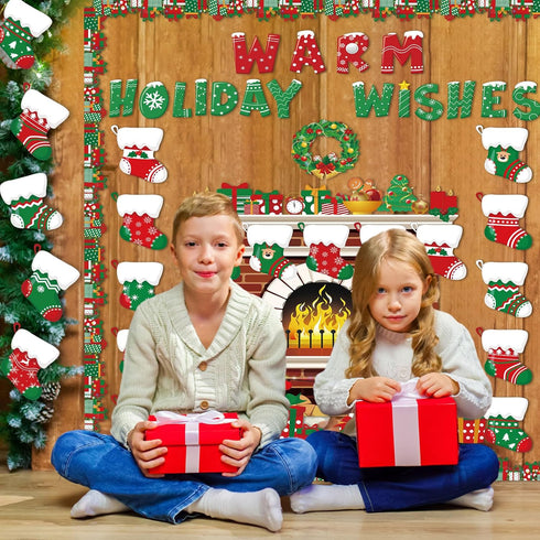 70 Pieces Christmas Bulletin Board Decorations Warm Holiday Wishes Fireplace Cutouts Xmas Hearth Classroom Decor for Office School Wall Bulletin B...