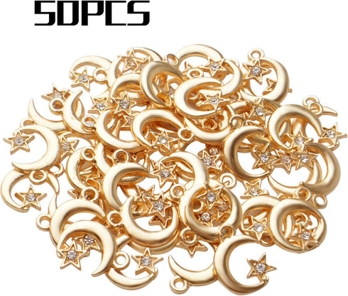 BronaGrand 50pcs Alloy Star Moon Charms Crystal Rhinestone Celestial Crescent Pendants Charms Jewelry Making Accessories for DIY Earrings Bracelet...