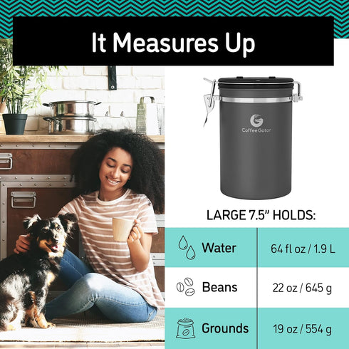 Coffee Gator Coffee Canister - 22oz, Airtight Stainless Steel Kitchen Food Storage Container with Date Tracker, Scoop for Grounds Coffee Bar Acces...