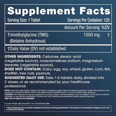 ProHealth Longevity | TMG Supplements (Trimethylglycine), Betaine Anhydrous - 1,000 mg, 120 tablets - Methylation Support...