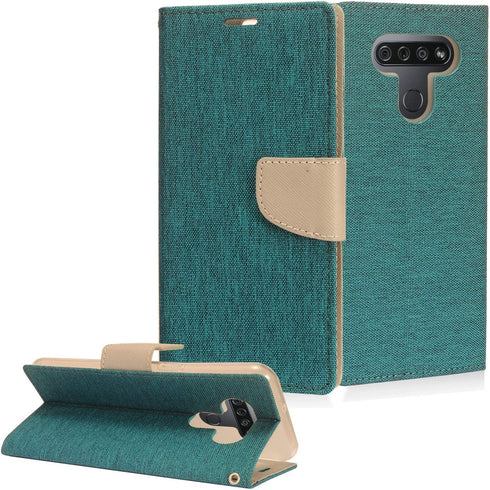 for LG K51, LG Reflect (LM-K500) - Denim Fabric Wallet Phone Case - CT5 Gray/Navy Blue...