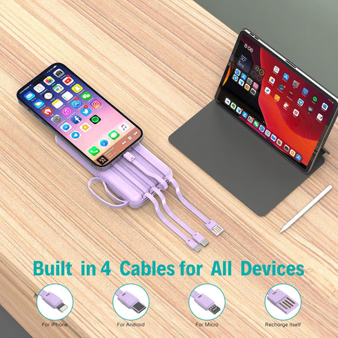 Portable Charger with Built in Cables,10000mAh Slim USB C Power Bank,5 Output 3 Input LED Display High Speed External Battery Pack Travel Phone Ch...