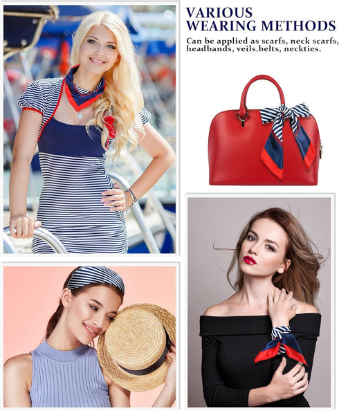 Bonuci Sailor Scarf 23.62 x 23.62 Inch Silk Satin Flight Attendant Scarf Square Red White and Blue Stripe Scarf for Women...