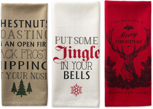 DII Holiday Collection Vintage Print Dishtowel Set, 18x28, Christmas Stag, 3 Piece...