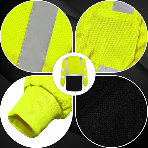Safety Shirts for Men Class 3 High Visibility Shirts with Black Bottom, Hi Vis Reflective Shirts for Men Women, Long Sleeve Construction Work Shir...