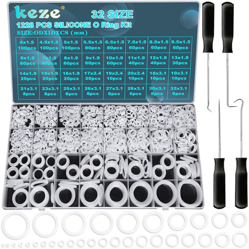 1228 Pcs 32 Size Clear Food Grade Silicone O Rings Assortment Kit with Pick and Hook,White Heat Resistance VMQ Seal Oring Set Metric OD:4-32mm...