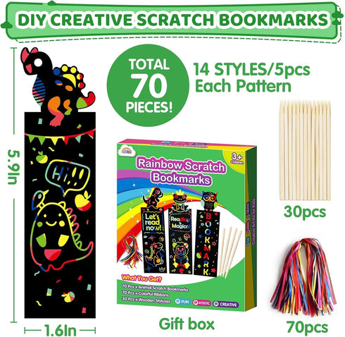 ZMLM Animal Scratch Bookmark for Kids: 70 Pcs 14 Style Magic Scratch Rainbow Bookmarks Making Kit for Girl Boy Party Favor Classroom Activity DIY ...