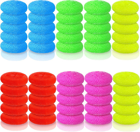 Uiifan 50 Pcs Plastic Dish Scrubbers for Dishes Nylon Dish Scrubber Plastic Pot Round Scrubber Scouring Pad Mesh Scouring Dish Pads Non Scratch Sc...