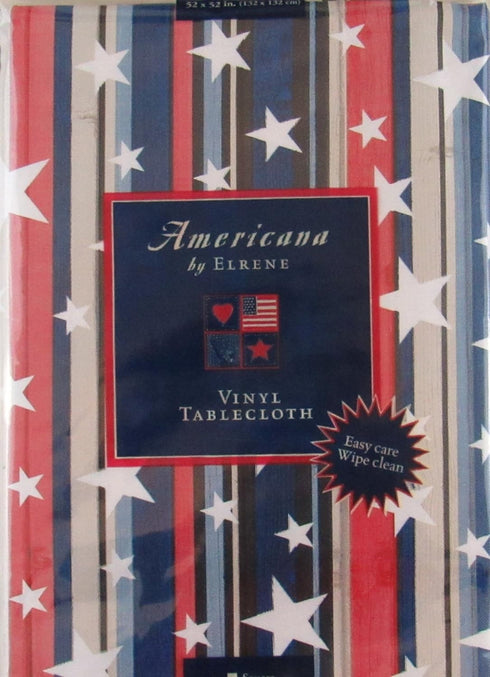 Elrene Home Fashions Patriotic Stars on Red, White, Blue and Black Wood Grain Stripes Vinyl Flannel Back Tablecloth (52" x 52" Square)...
