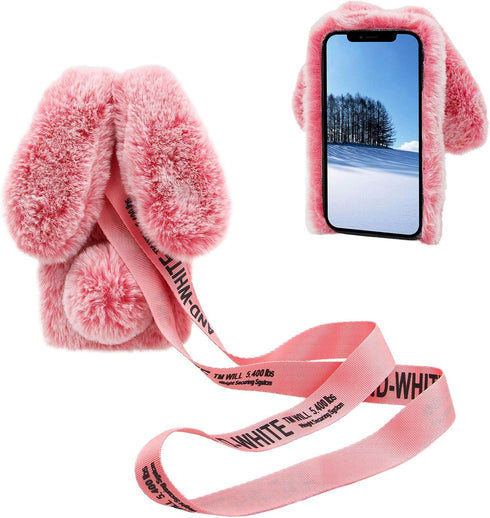 3D Bunny Ears Plush Case for iPod Touch 5/6 / 7 with Crossbody Strap, Winter Warm Handmade Bling Diamond Soft Rabbit Fluffy Furry Fur Shockproof P...