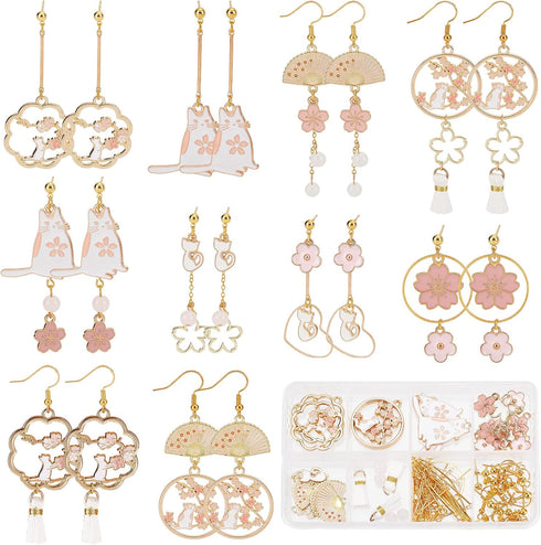 SUNNYCLUE 1 Box DIY 10 Pairs Cat Charms Sakura Flower Charm Japanese Style Earrings Making Starter Kit Flat Round Hollow Charm Fan Charms Tassels ...