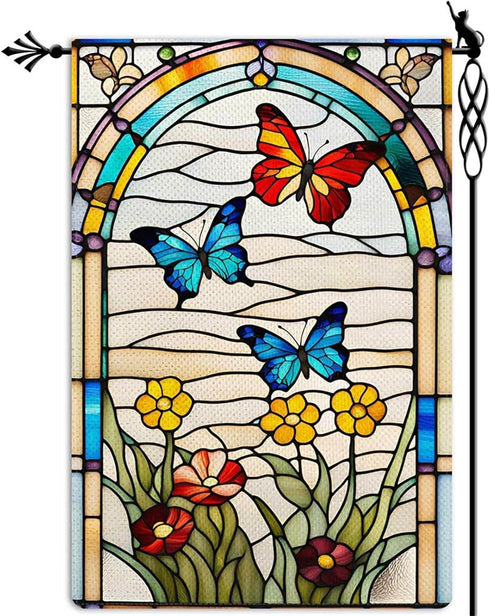 Summer Dragonfly Butterfly Bird Garden Flag Glass Style Flowers 12x18 Inch Double Sized Farmhouse Outside Decorations(A)...