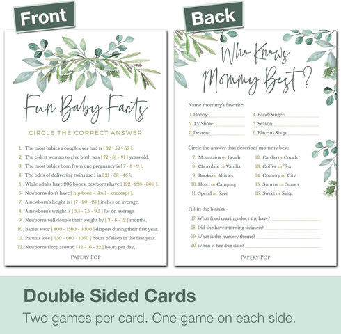 Baby Shower Games for Boy or Girl - Set of 4 Games for 30 Guests - Double Sided Cards - Floral Greenery Eucalyptus Flowers...
