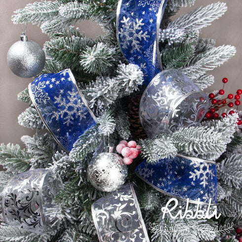 Ribbli Christmas Ribbon Wired Blue and Silver Christmas Tree Ribbon Blue Glitter Christmas Wired Ribbons for Tree, Crafts,Gift Wrapping, Wreaths, ...